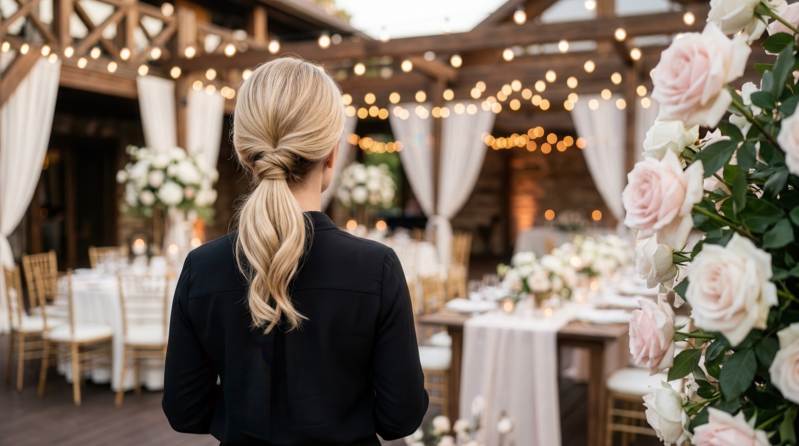 A planner checking the reception layout before doors open