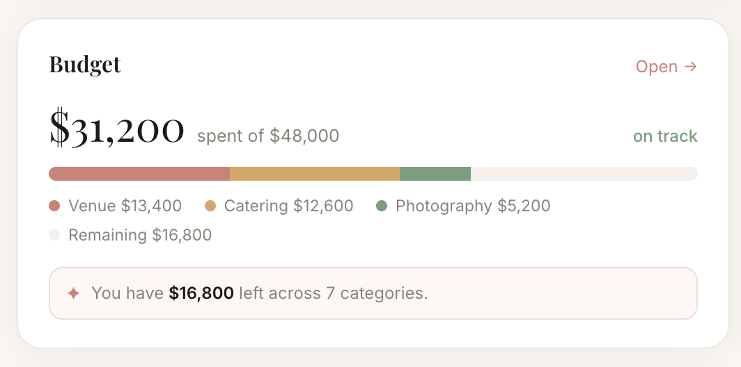 The budget card on the Ammore dashboard, showing $31,200 spent of $48,000